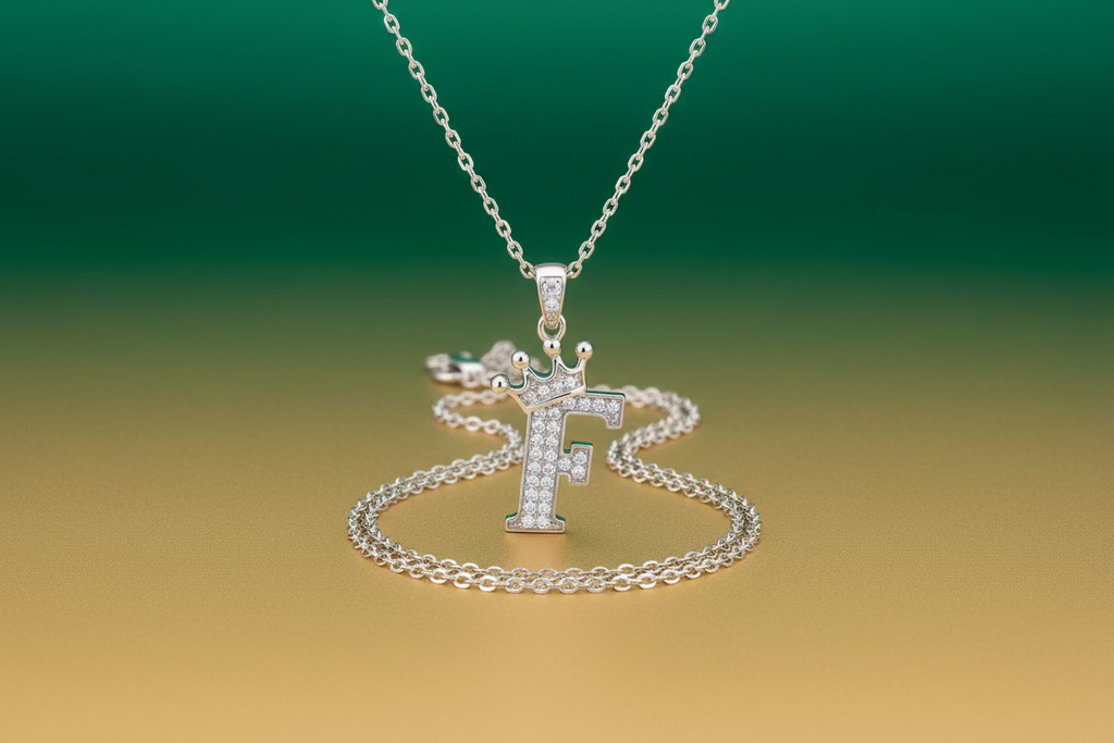 Silver necklace with a 'F' pendant on a green card with a brand logo.